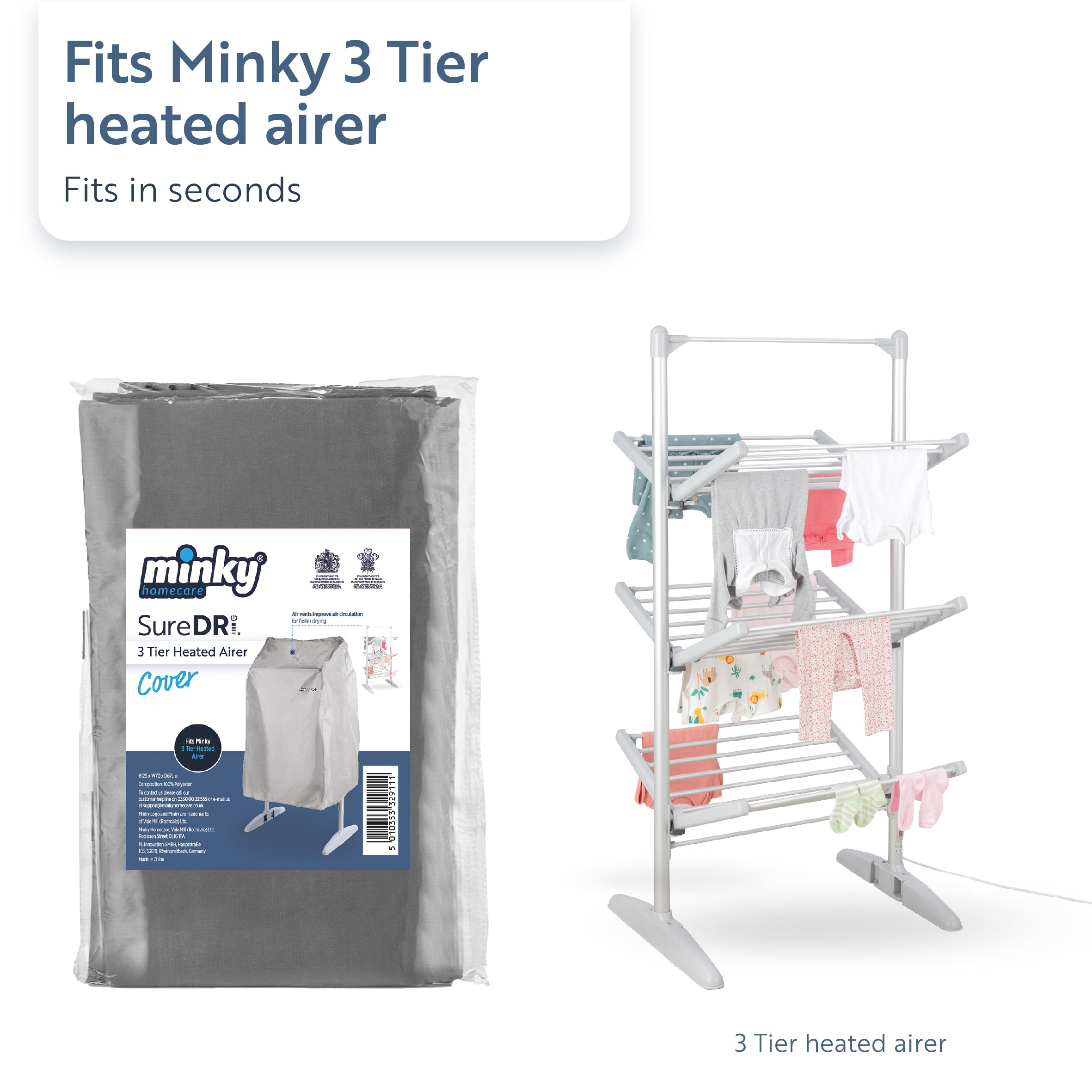 Minky sureDRI grey cover fitted over a three-tier heated airer